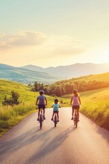 Obraz premium Family cycling on scenic rural road at sunset with mountains in the background