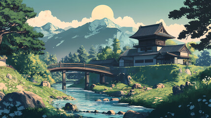Romanticized feudal japan scenery. Feudal Japan. Illustration