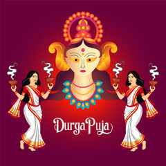 Durga Puja Celebration Goddess Durga with Eight Arms Holding Weapons Two Women with Offerings on Either Side and Durga Puja Text in Decorative Font
