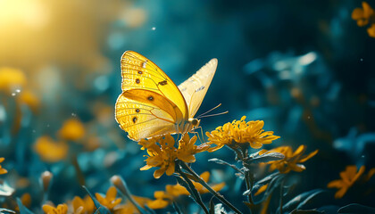 Yellow butterfly perched on a flower with sun shining through leaves
