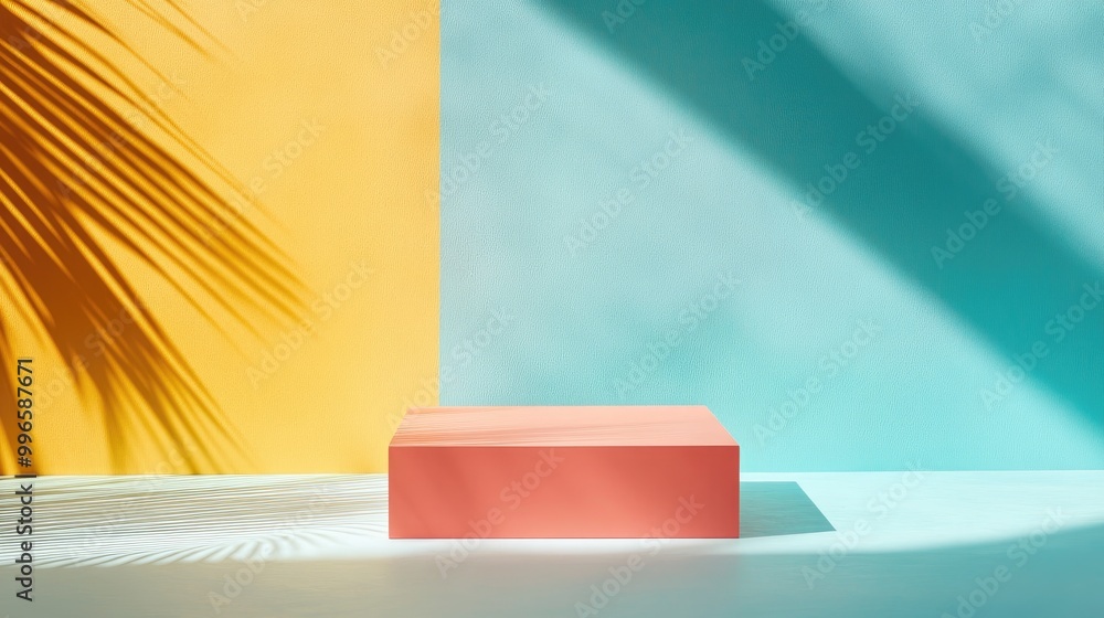 Poster a vibrant display featuring a coral block against bright yellow and teal backgrounds, highlighted by