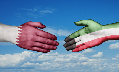 Kuwait and Qatar country handshaking with flags, consensus concept international co-operation illustration