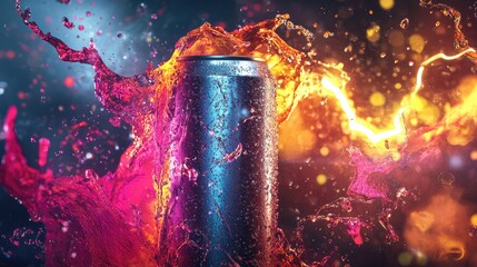 Creative advertising concept with an aluminum energy drink can, featuring vibrant splashes and lightning effects, capturing the power and vitality of the beverage.