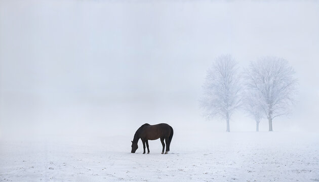 winter meadow landscape with mist and one horse