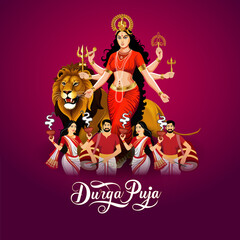 Vibrant Durga Puja Celebration Goddess Durga with Eight Arms on a Lion People Dancing and Praying Lit Diya Lamps Symbolizing Light and Durga Puja Text