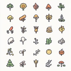 Fototapeta premium A vibrant collection of hand-drawn nature elements including flowers, leaves, and mushrooms, perfect for botanical illustrations.
