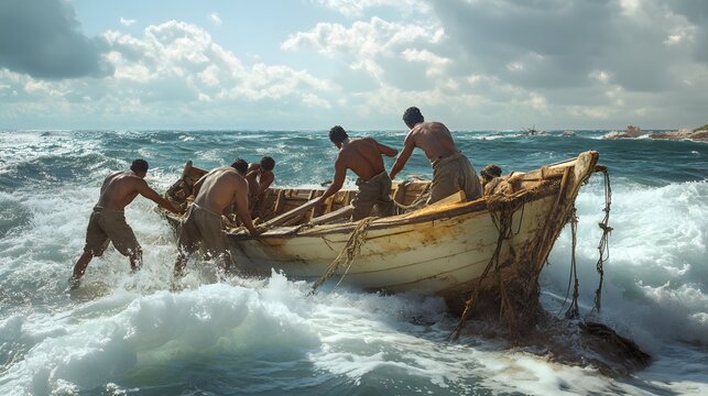 48. A group of fishermen collaborating to launch a boat into the ocean