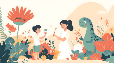 Cartoon-style, colorful vector illustration of an Asian woman wearing a white uniform and a pink backpack, playing with her two kids in the garden near dinosaurs