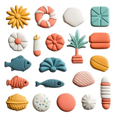 Colorful collection of decorative seasonal objects featuring flowers, fish, and beach themes, perfect for summer design projects.