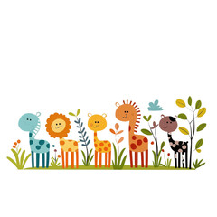 Obraz premium A colorful illustration of cartoon animals standing in a grassy landscape, perfect for children's materials and playful designs.