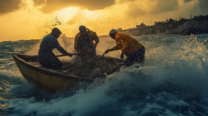 48. A group of fishermen collaborating to launch a boat into the ocean