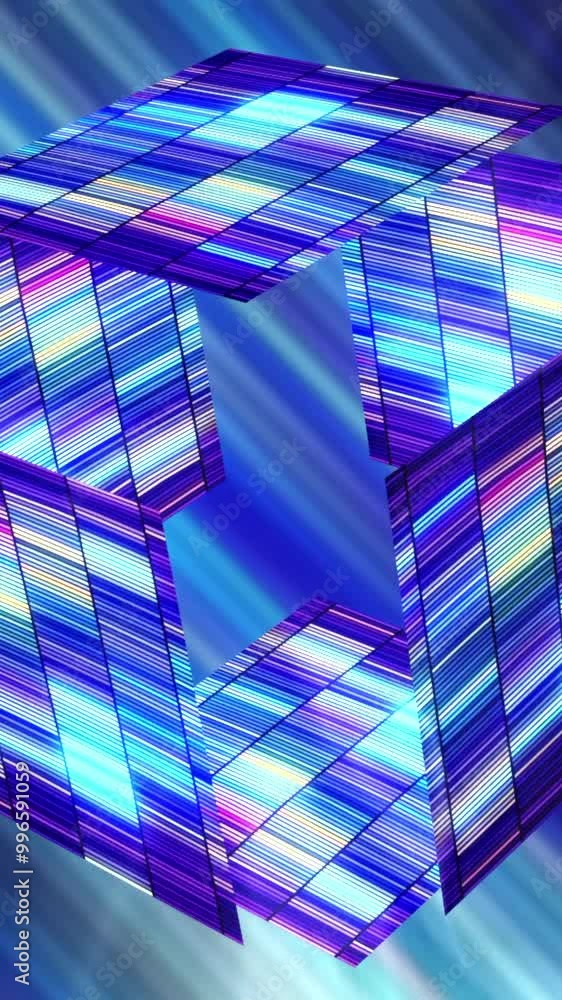 Poster futuristic glowing cube on striped background. motion. glowing striped cube on background of colorfu