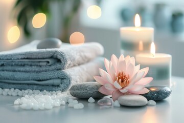 There is a towel, a flower and candles on the table. The action takes place in a spa