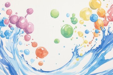 Colorful water splash with bubbles on a white background.