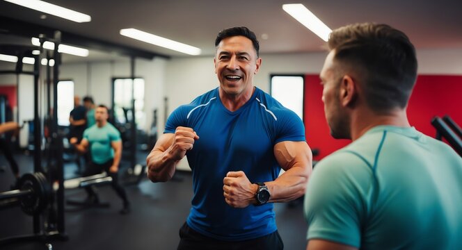 Energetic middleaged Hispanic fitness trainer in a gym motivating a client