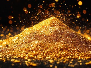 Pile of shimmering gold dust with bokeh lights.