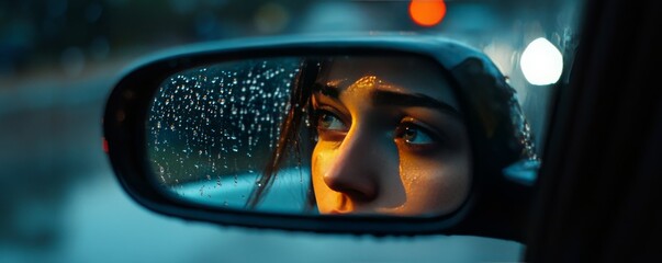 Woman s Face Reflected in Car Rearview Mirror with Rain Drops