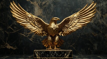 A majestic golden eagle statue with its wings fully spread, perched on a sleek marble base, set against a dark, luxurious background. The image exudes power, elegance, and grandeur.
