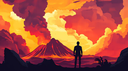 Fototapeta premium Silhouette of human standing in front of active vulcano with smoke, nature. Volcanic Eruption. Illustration