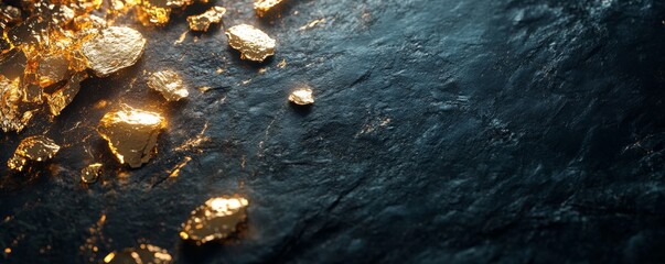 Golden Nuggets on Black Stone Background