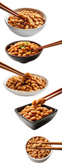 Bowl of fermented soybeans with chopsticks on white background. Various servings in bowls.