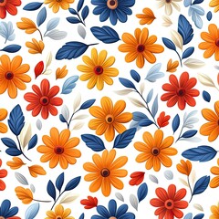 A vibrant floral pattern with orange, yellow, and blue flowers, perfect for spring-themed designs and crafts.