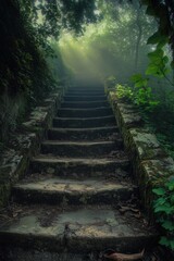 Obraz premium A serene stone stairway surrounded by lush greenery and soft light filtering through the trees.