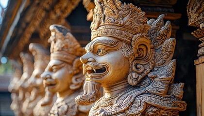 Closeup of a golden, ornate statue with a serene expression.
