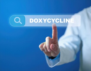 A person in a lab coat presses a virtual search bar with "Doxycycline" displayed, symbolizing the search for information on the antibiotic used in PEP and PrEP.