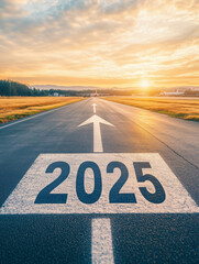 Il 2025 è in arrivo. Pista di decollo degli aerei con la scritta 2025. Buon anno. In partenza per il nuovo anno.