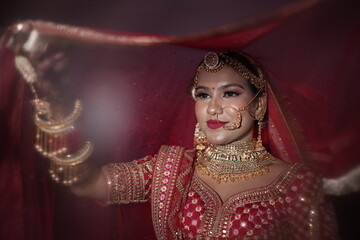 Beautiful Indian Bride in Traditional Red Wedding Dress and Gold Jewelry