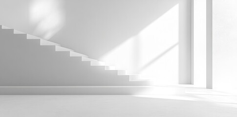 Obraz premium White Staircase and Platform in Minimalist Room with Window Light