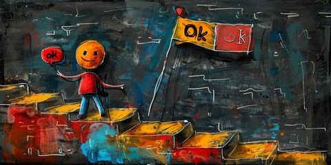 A minimalist black and white line drawing features a stick figure walking up a staircase, with a speech bubble saying OK and an arrow pointing to a flag at the top, against black background.