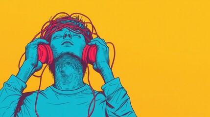 Naklejka premium Music lover holding tangled earbuds, digital illustration, humorous style