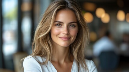 Obraz premium Beautiful Woman Smiling in a Cafe