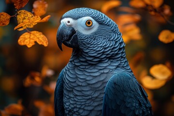 Obraz premium African Grey Parrot Amidst Vibrant Autumn Leaves in Natural Setting