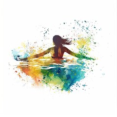 illustration of a woman diving and swimming gracefully, painted in a vibrant watercolor style with colorful splashes highlighting the fluidity and movement on a white background.