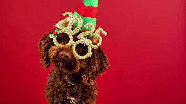 Funny water dog with festive 2025 glasses peeking out on a red background. Happy New Year