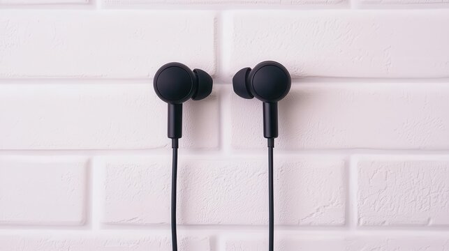 Classic wired earbuds with inline controls, minimalist white background