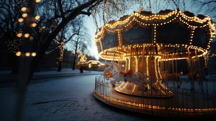 Fototapeta premium A detailed close-up of a beautifully lit winter carousel with festive lights.