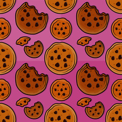 Whimsical Line Cartoon Pattern Illustration of Cookies with Delicious Circle Chocochips Perfect for Baking and Dessert Enthusiast Designs