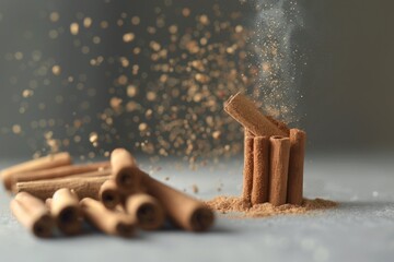 Cinnamon sticks arranged in a creative way. They look aromatic and delicious. The scene captures the essence of spice. Beautiful and inviting. Generative AI