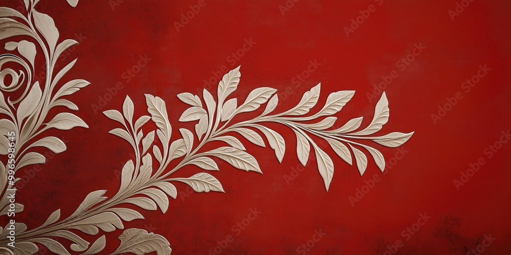 Poster elegant red background with intricate white leaf patterns in venetian plaster style.