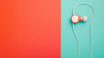 Wired earphones with a tangled cord on a colorful background, minimalist