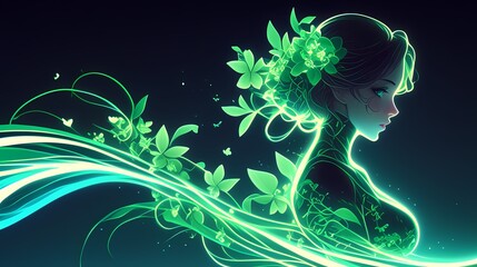 A beautiful woman with glowing bioluminescent green leaves in her hair