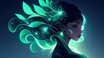 A cartoon illustration of an elegant woman with glowing green leaves in her hair
