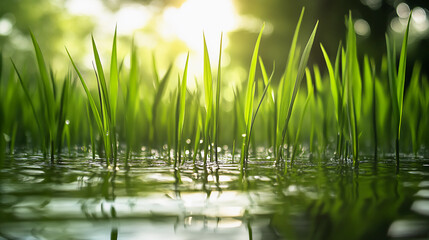 Obraz premium Fresh Green Rice Seedlings Growing in Water at Sunrise