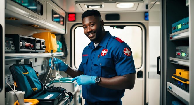 Friendly young Black paramedic in an ambulance checking medical equipment