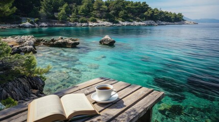 Obraz premium Table with a cup of coffee and a book against the background of a beautiful sea 