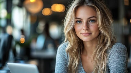 Obraz premium Beautiful Woman Sitting in Cafe with Laptop